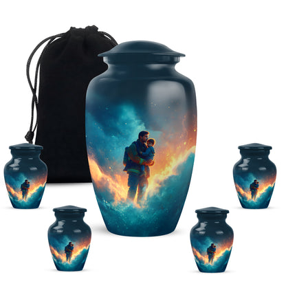 Navy Blue Firefighter Cremation Urn top-down view of secure threaded lid - classic sculpted firefighter pattern on smooth aluminum - memorial set with one large and four small urns