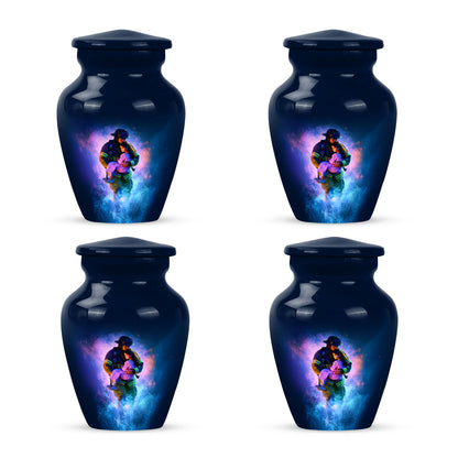 Icy Blue Firefighter Cremation Urn side profile showing urn shape - classic sculpted firefighter pattern on smooth aluminum - 10 inch aluminum urn for cremated remains