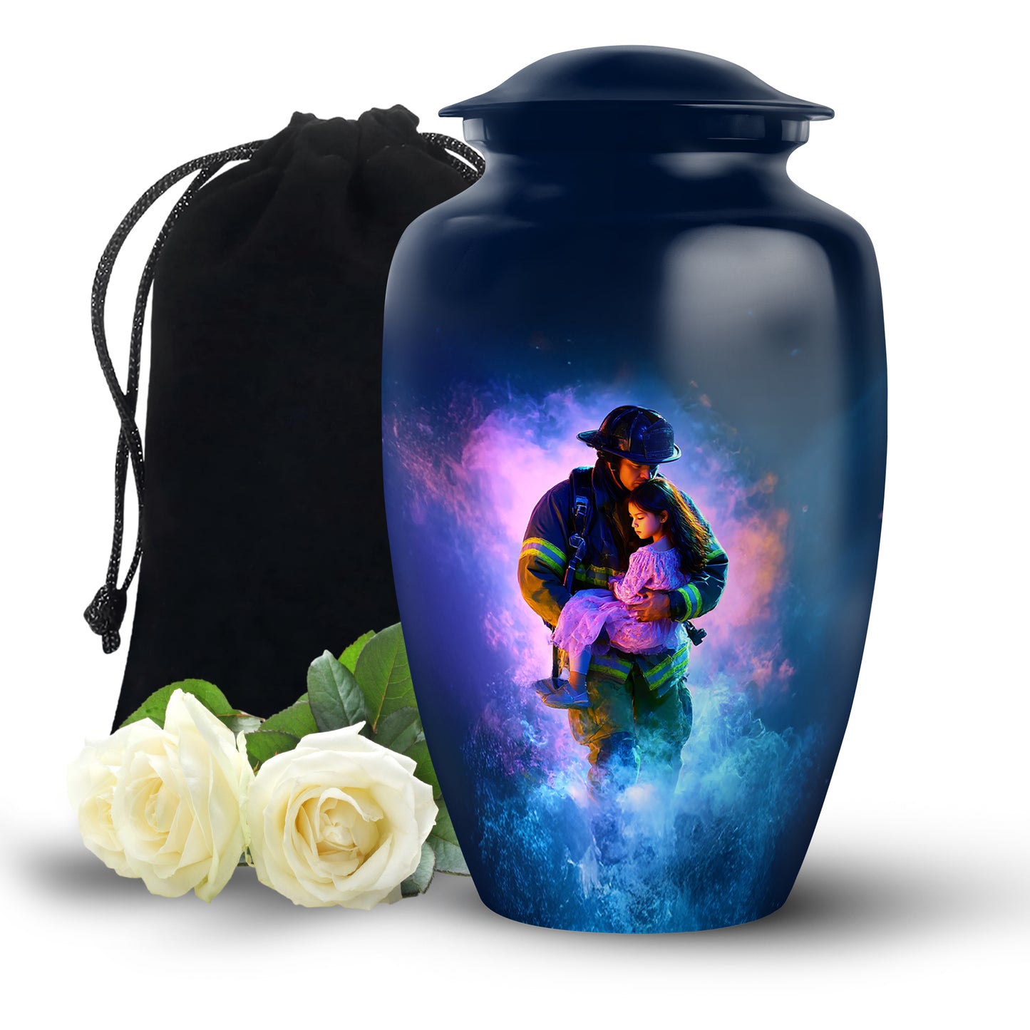 Slate Blue Firefighter Cremation Urn angled view of lid and engraved motif - classic sculpted firefighter pattern on smooth aluminum - full-size 10 inch 200 cubic inch adult cremation urn