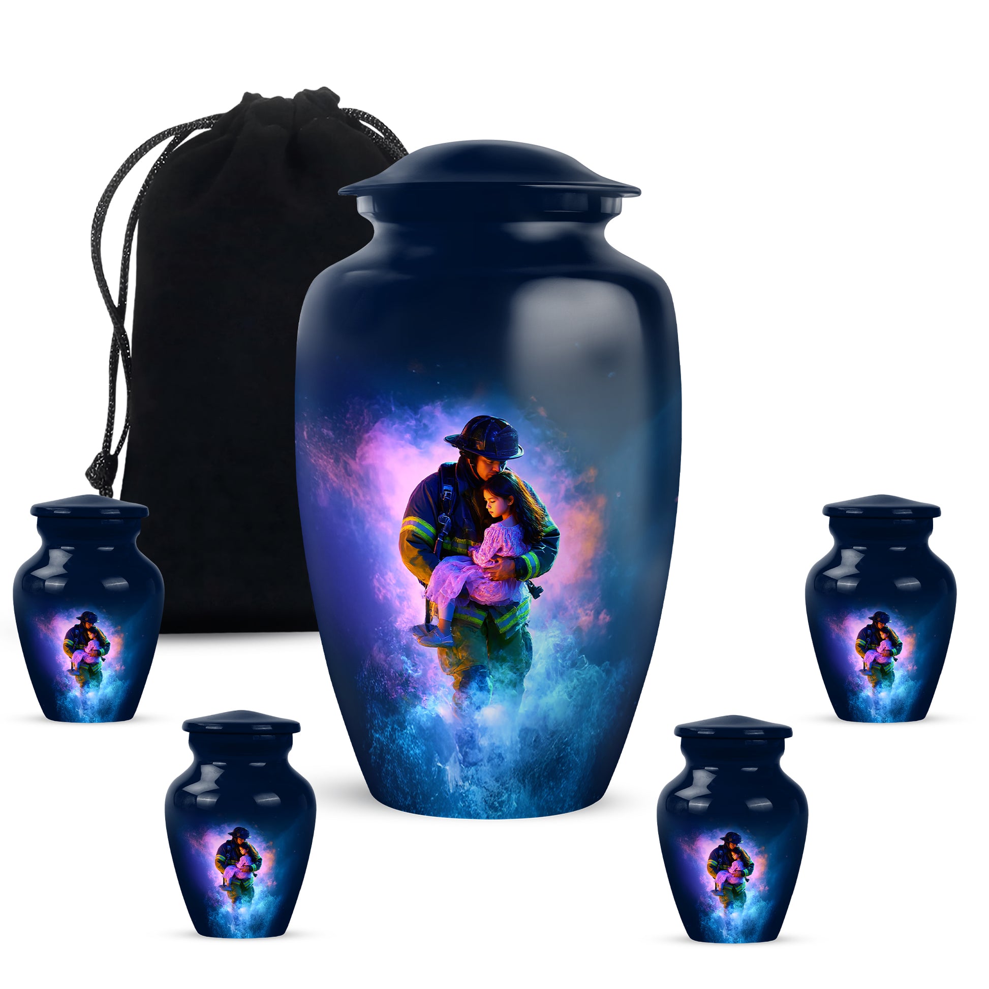 Serene Blue Firefighter Cremation Urn top-down view of secure threaded lid - traditional firefighter engraving with hand-polished finish - memorial set with one large and four small urns