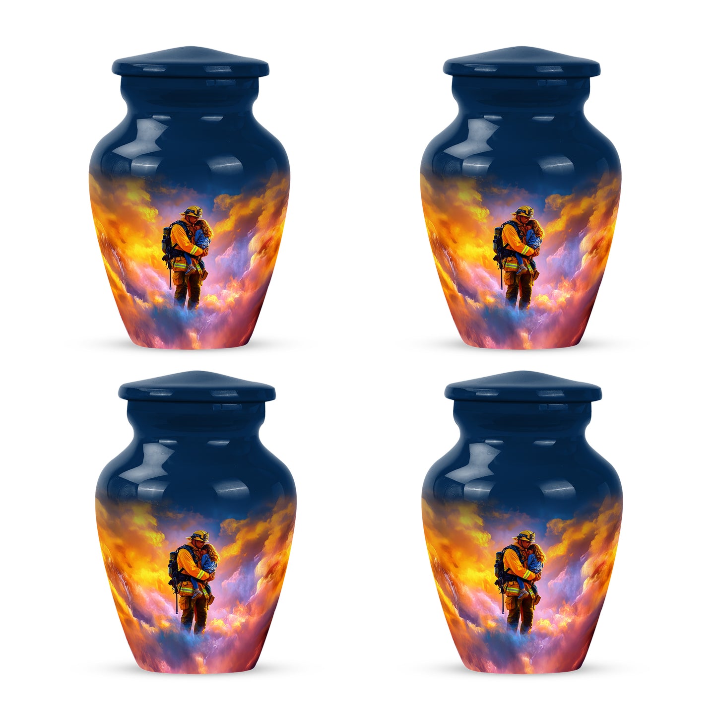 Calming Blue Firefighter Cremation Urn side profile showing urn shape - elegant classic firefighter relief with fine detailing - 10 inch aluminum urn for cremated remains