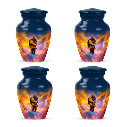 Calming Blue Firefighter Cremation Urn side profile showing urn shape - elegant classic firefighter relief with fine detailing - 10 inch aluminum urn for cremated remains