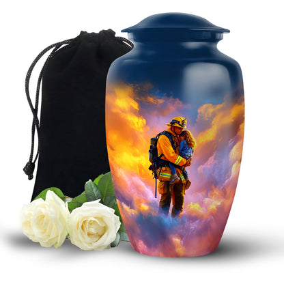 Sapphire Blue Firefighter Cremation Urn angled view of lid and engraved motif - traditional firefighter engraving with hand-polished finish - full-size 10 inch 200 cubic inch adult cremation urn