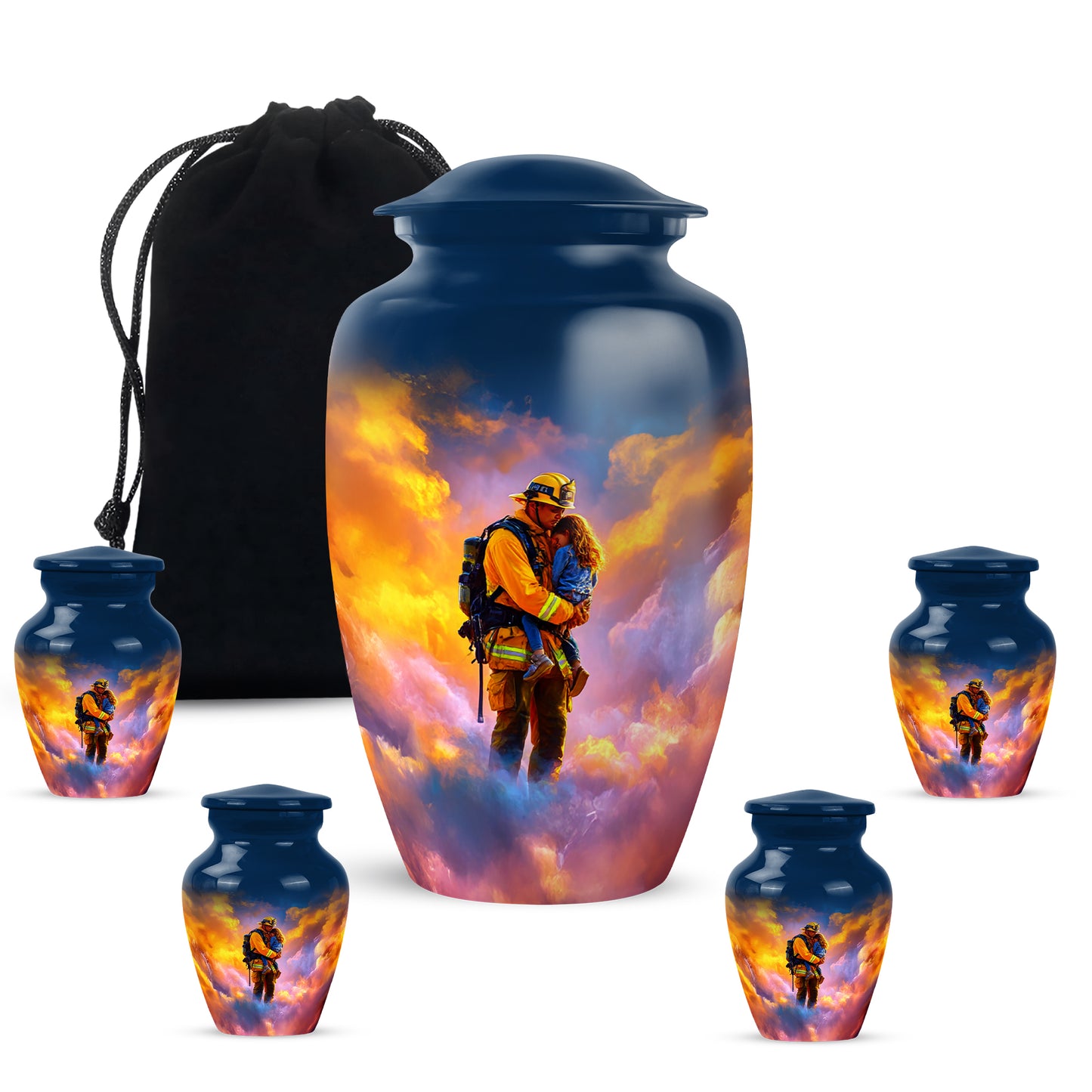 Slate Blue Firefighter Cremation Urn top-down view of secure threaded lid - timeless firefighter motif etched into premium metal - memorial set with one large and four small urns