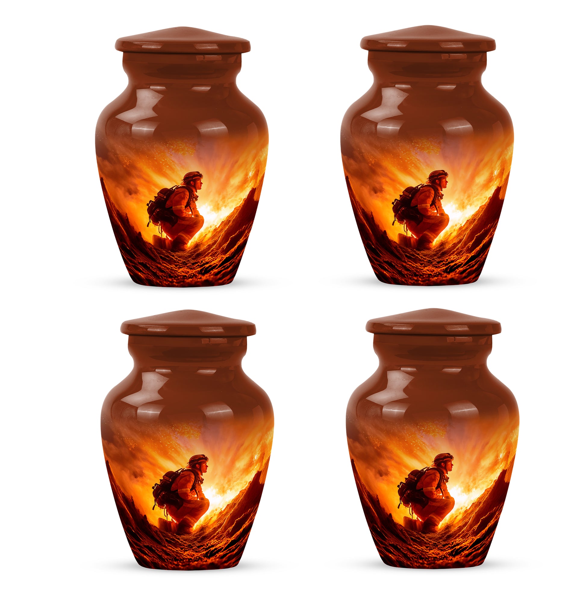 Ruby Red Firefighter Cremation Urn side profile showing urn shape - traditional firefighter engraving with hand-polished finish - 10 inch aluminum urn for cremated remains