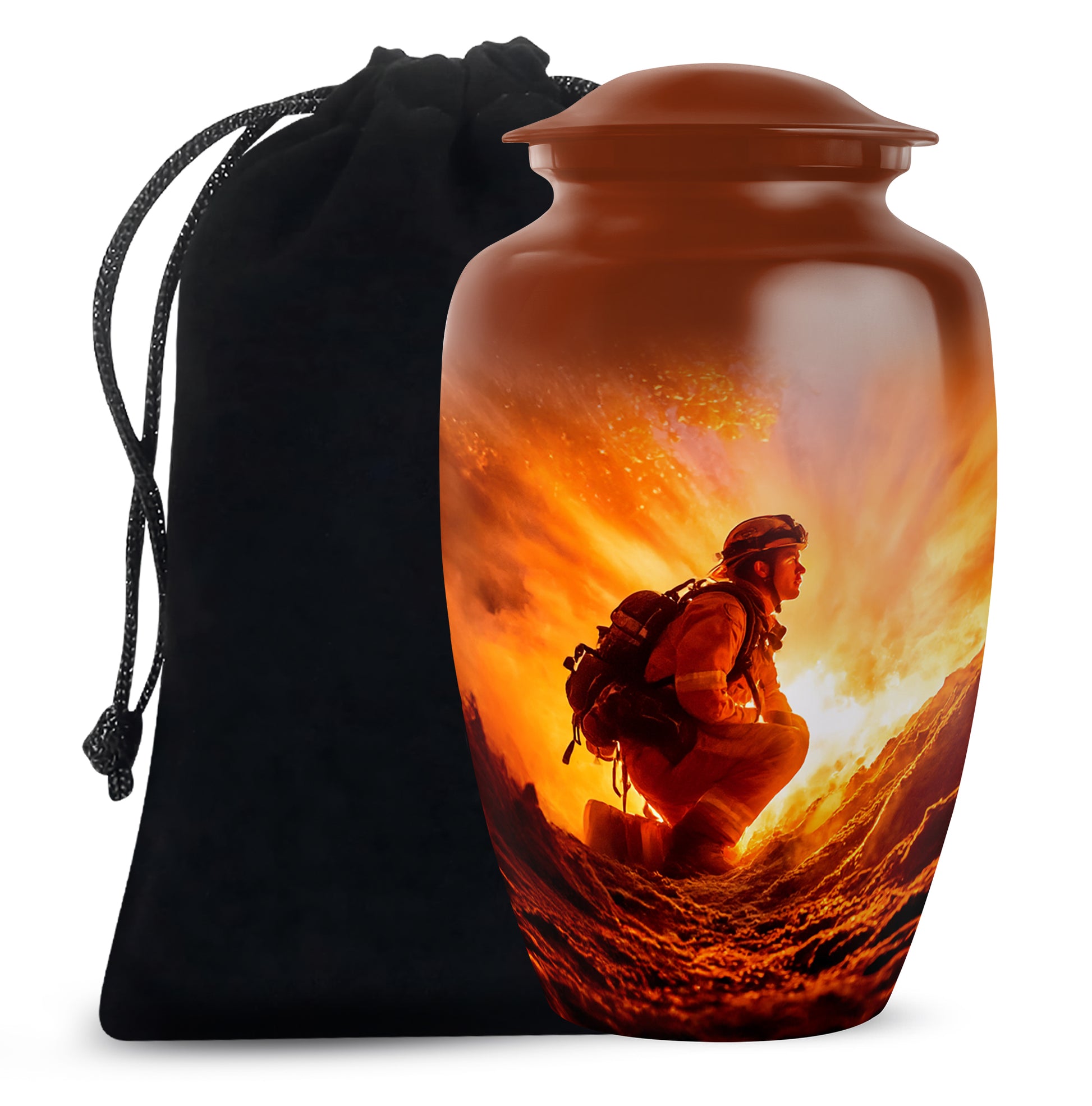 Crimson Red Firefighter Cremation Urn angled view of lid and engraved motif - classic sculpted firefighter pattern on smooth aluminum - full-size 10 inch 200 cubic inch adult cremation urn