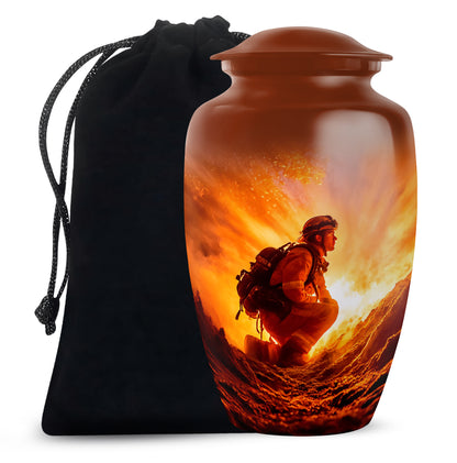 Crimson Red Firefighter Cremation Urn angled view of lid and engraved motif - classic sculpted firefighter pattern on smooth aluminum - full-size 10 inch 200 cubic inch adult cremation urn