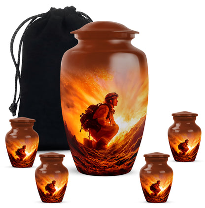 Garnet Red Firefighter Cremation Urn top-down view of secure threaded lid - timeless firefighter motif etched into premium metal - memorial set with one large and four small urns
