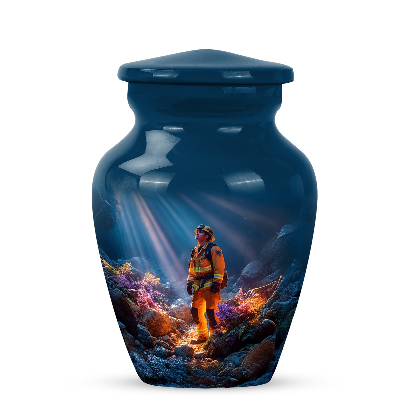 Blue Stately Firefighter Cremation Urns for Human Ashes - 10-inch, 200 cu in - Yatskia