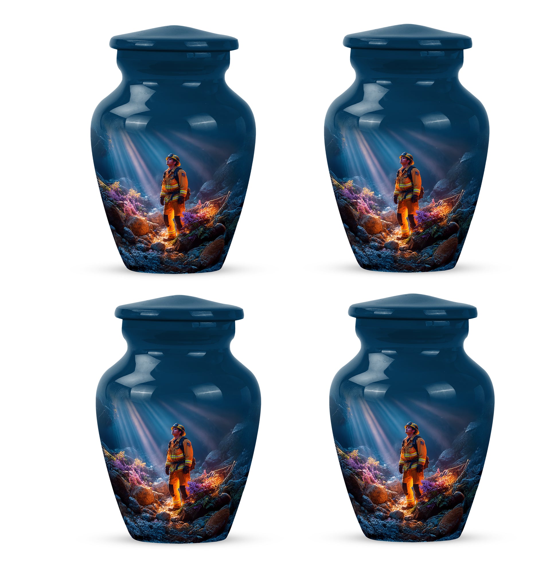 Calming Blue Firefighter Cremation Urn side profile showing urn shape - elegant classic firefighter relief with fine detailing - 10 inch aluminum urn for cremated remains