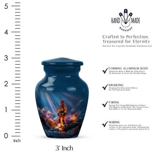 Steel Blue Firefighter Cremation Urn close-up of engraving and surface detail - elegant classic firefighter relief with fine detailing - mini keepsake memorial for portion of cremation ashes