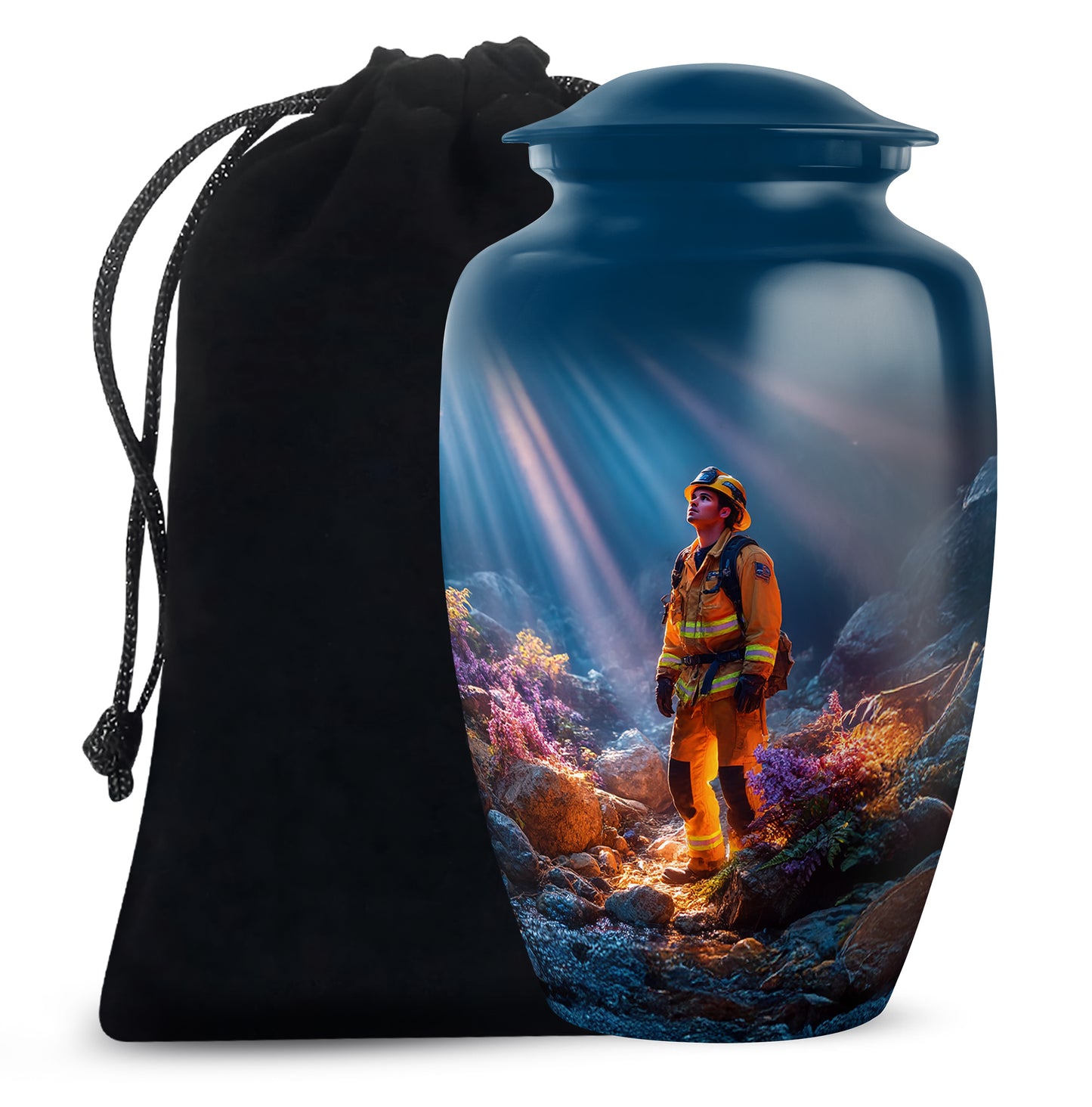 Vivid Blue Firefighter Cremation Urn angled view of lid and engraved motif - traditional firefighter engraving with hand-polished finish - full-size 10 inch 200 cubic inch adult cremation urn
