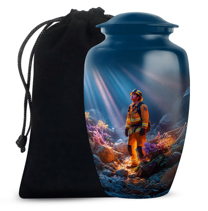 Vivid Blue Firefighter Cremation Urn angled view of lid and engraved motif - traditional firefighter engraving with hand-polished finish - full-size 10 inch 200 cubic inch adult cremation urn
