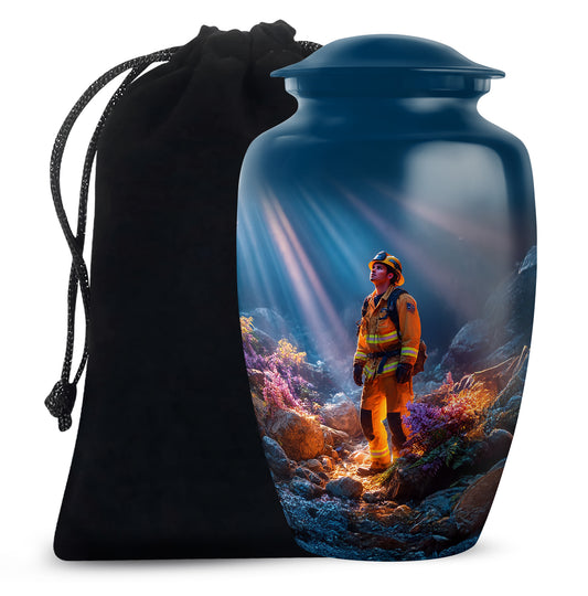 Vivid Blue Firefighter Cremation Urn angled view of lid and engraved motif - traditional firefighter engraving with hand-polished finish - full-size 10 inch 200 cubic inch adult cremation urn