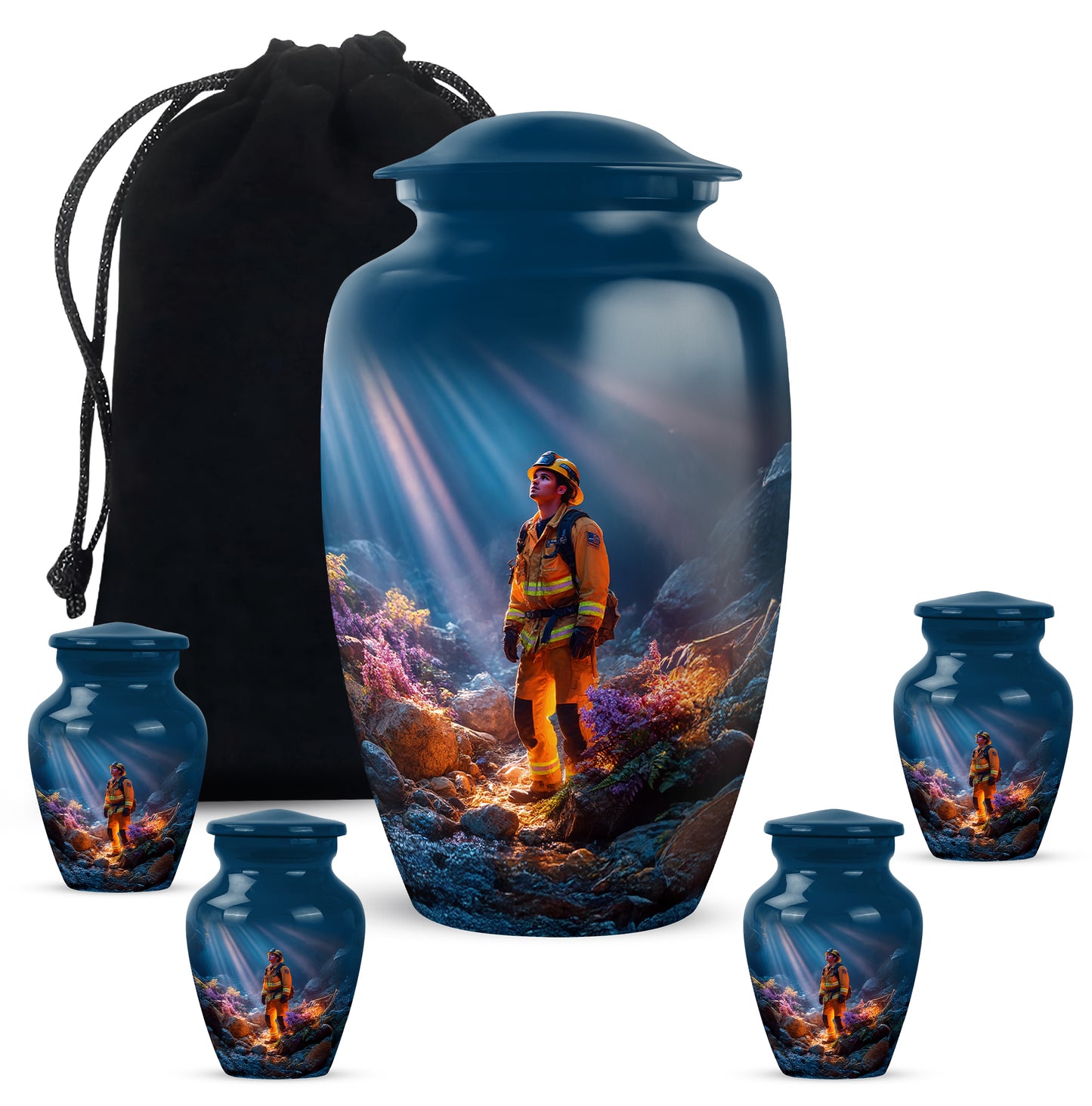 Azure Firefighter Cremation Urn top-down view of secure threaded lid - classic sculpted firefighter pattern on smooth aluminum - memorial set with one large and four small urns