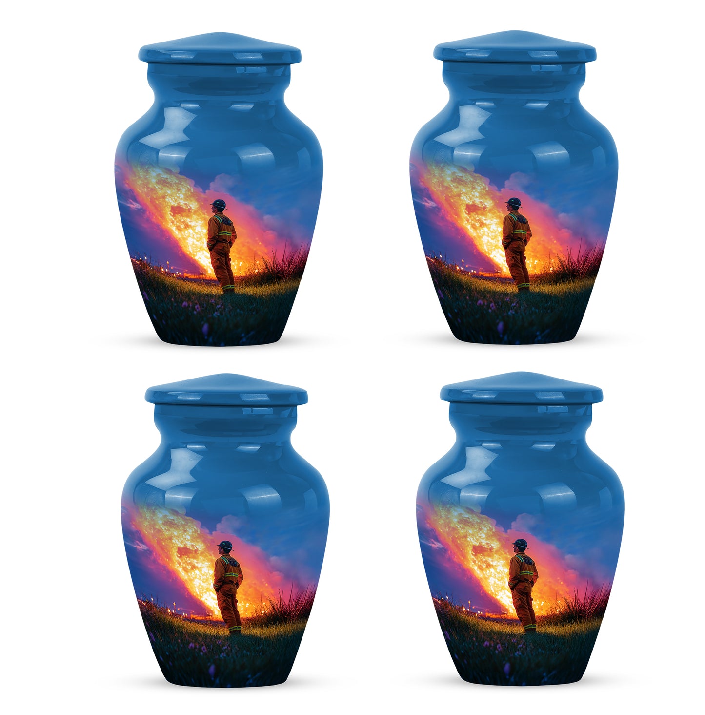 Cornflower Blue Firefighter Cremation Urn side profile showing urn shape - elegant classic firefighter relief with fine detailing - 10 inch aluminum urn for cremated remains