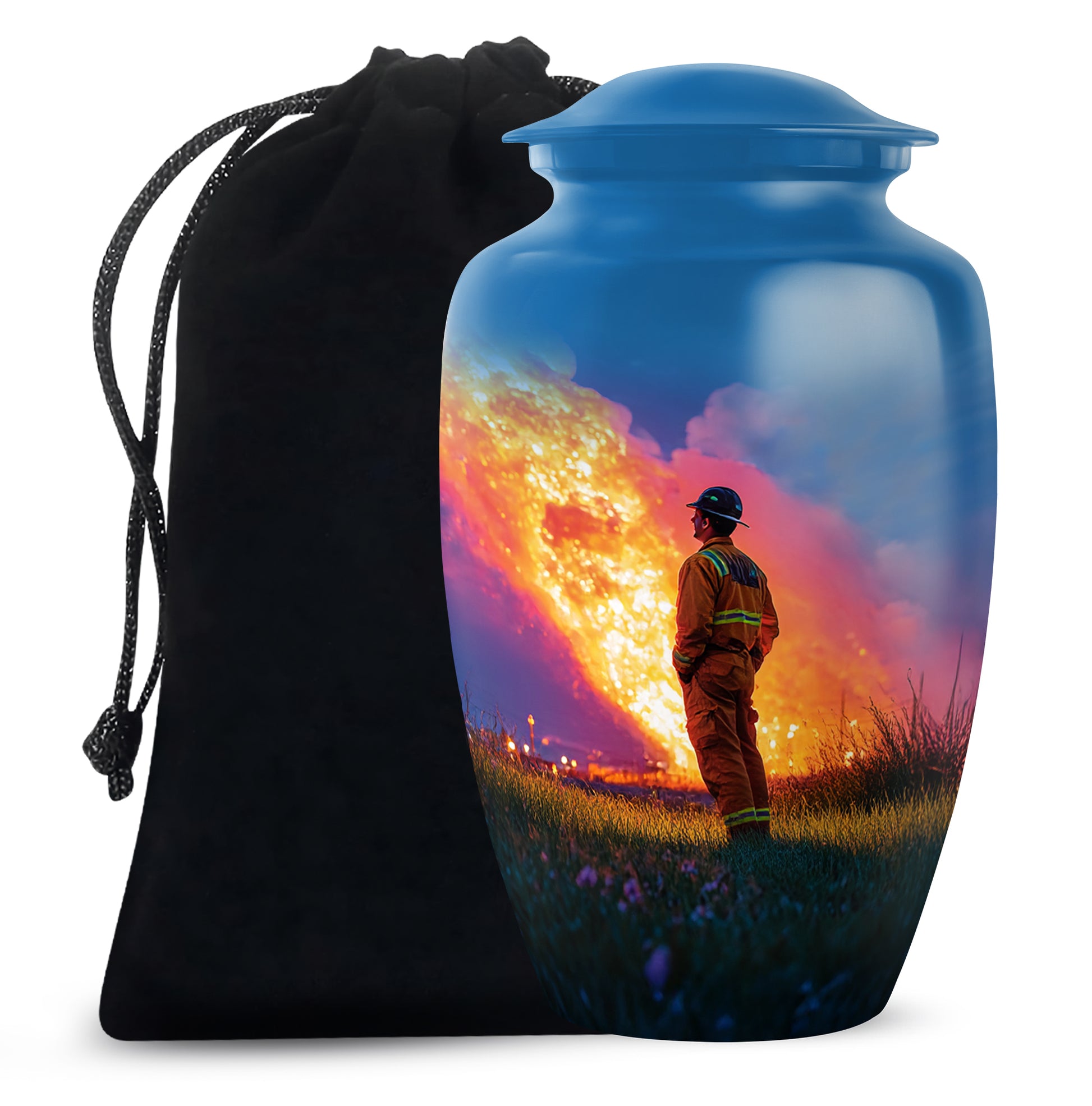Steel Blue Firefighter Cremation Urn angled view of lid and engraved motif - traditional firefighter engraving with hand-polished finish - full-size 10 inch 200 cubic inch adult cremation urn
