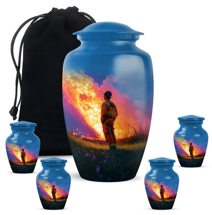 Sky Blue Firefighter Cremation Urn top-down view of secure threaded lid - classic sculpted firefighter pattern on smooth aluminum - memorial set with one large and four small urns