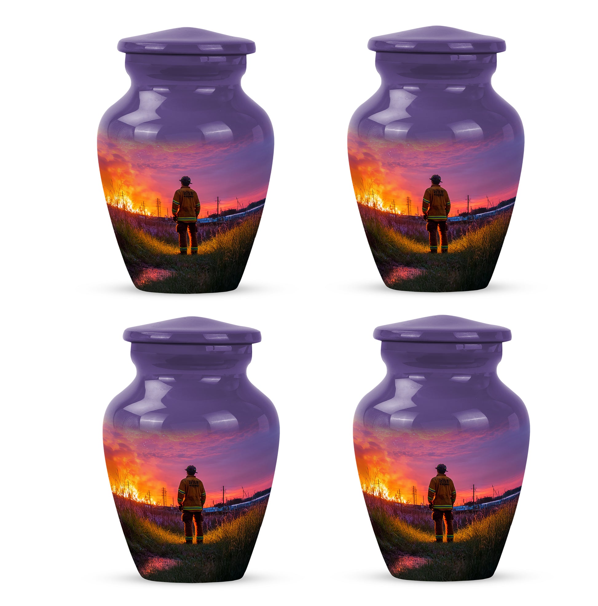 Plum Purple Firefighter Cremation Urn side profile showing urn shape - timeless firefighter motif etched into premium metal - 10 inch aluminum urn for cremated remains