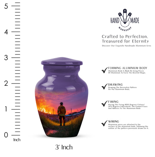Majestic Purple Firefighter Cremation Urn close-up of engraving and surface detail - classic sculpted firefighter pattern on smooth aluminum - mini keepsake memorial for portion of cremation ashes