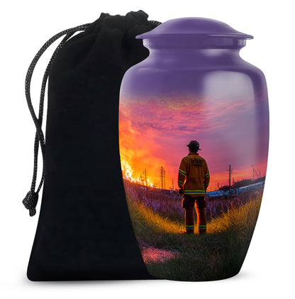 Lavender Purple Firefighter Cremation Urn angled view of lid and engraved motif - elegant classic firefighter relief with fine detailing - full-size 10 inch 200 cubic inch adult cremation urn