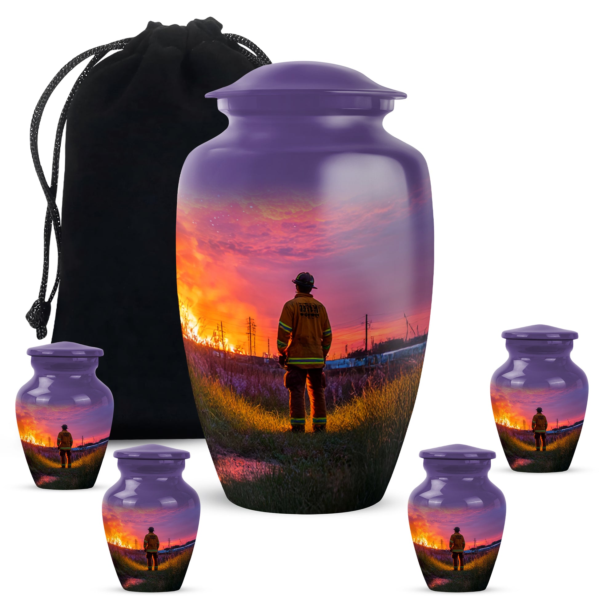 Deep Purple Firefighter Cremation Urn top-down view of secure threaded lid - classic sculpted firefighter pattern on smooth aluminum - memorial set with one large and four small urns