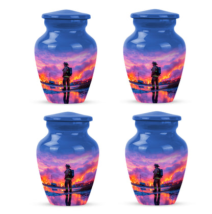 Royal Blue Firefighter Cremation Urn side profile showing urn shape - elegant classic firefighter relief with fine detailing - 10 inch aluminum urn for cremated remains