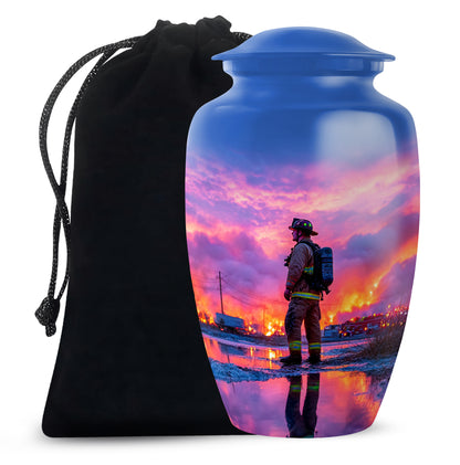 Royal Blue Firefighter Cremation Urn angled view of lid and engraved motif - traditional firefighter engraving with hand-polished finish - full-size 10 inch 200 cubic inch adult cremation urn