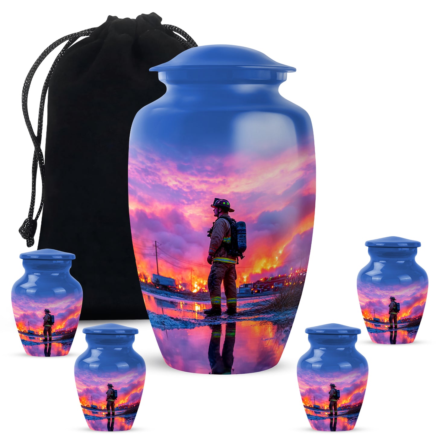 Bright Blue Firefighter Cremation Urn top-down view of secure threaded lid - traditional firefighter engraving with hand-polished finish - memorial set with one large and four small urns