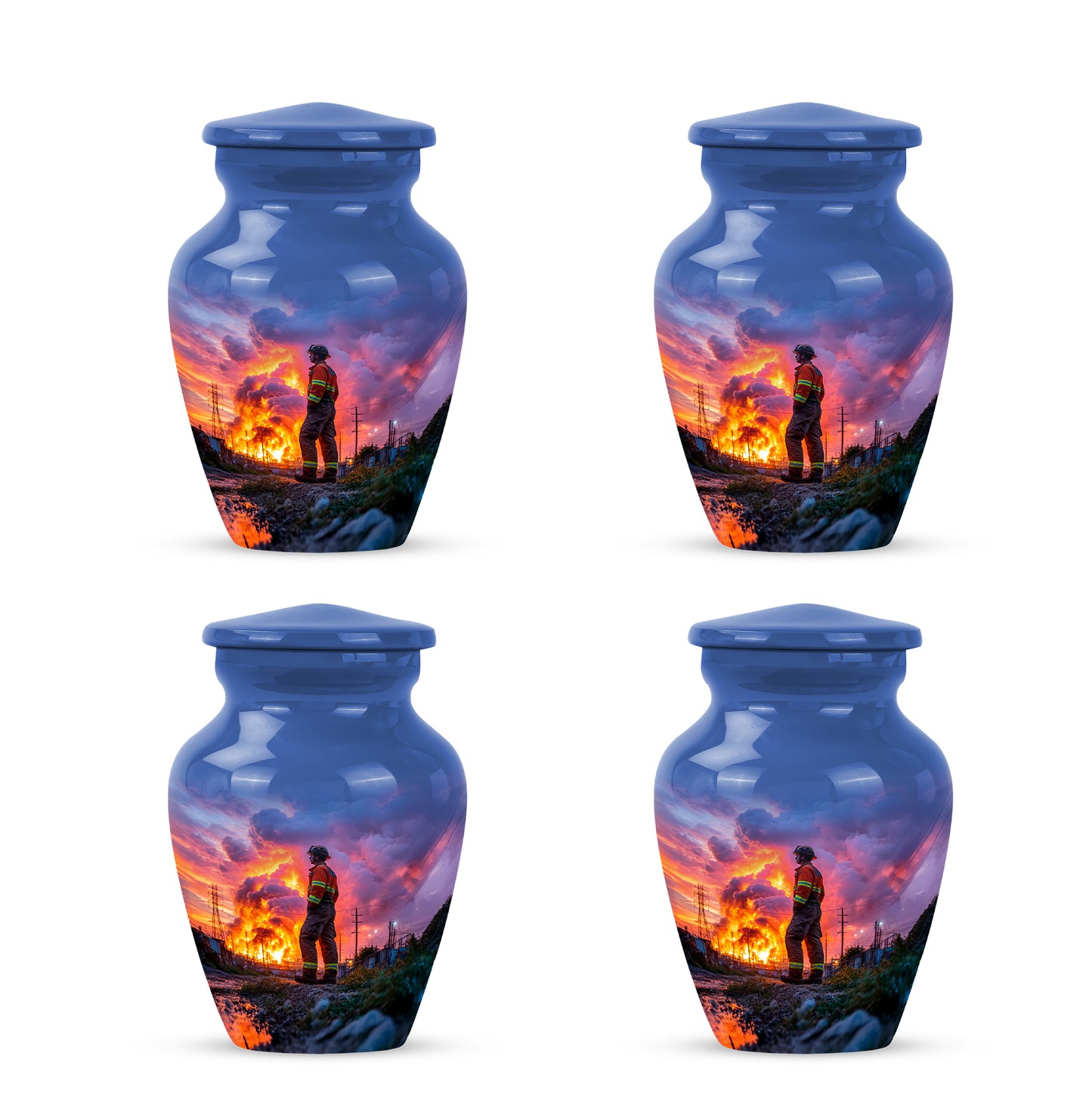 Serene Blue Firefighter Cremation Urn side profile showing urn shape - elegant classic firefighter relief with fine detailing - 10 inch aluminum urn for cremated remains