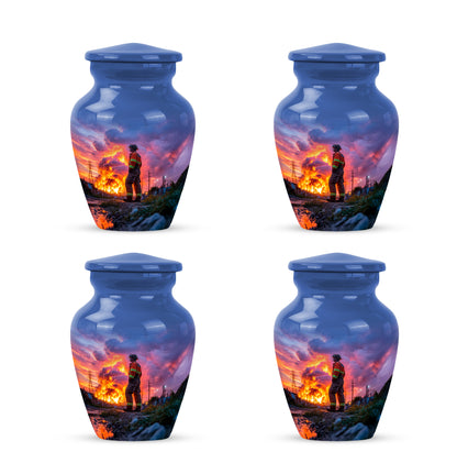 Serene Blue Firefighter Cremation Urn side profile showing urn shape - elegant classic firefighter relief with fine detailing - 10 inch aluminum urn for cremated remains