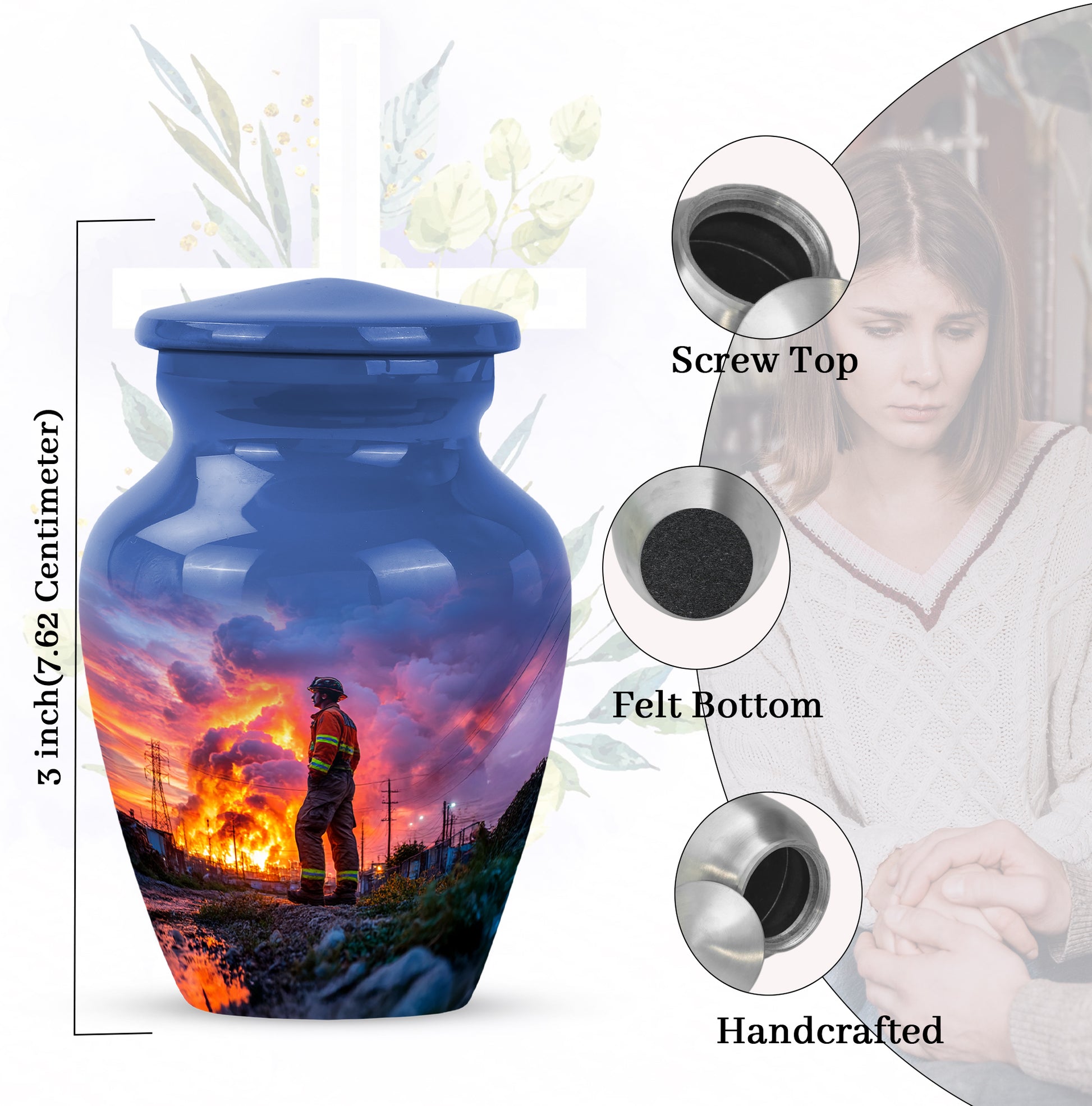 Indigo Firefighter Cremation Urn close-up of engraving and surface detail - classic sculpted firefighter pattern on smooth aluminum - mini keepsake memorial for portion of cremation ashes