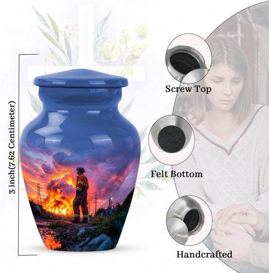 Indigo Firefighter Cremation Urn close-up of engraving and surface detail - classic sculpted firefighter pattern on smooth aluminum - mini keepsake memorial for portion of cremation ashes