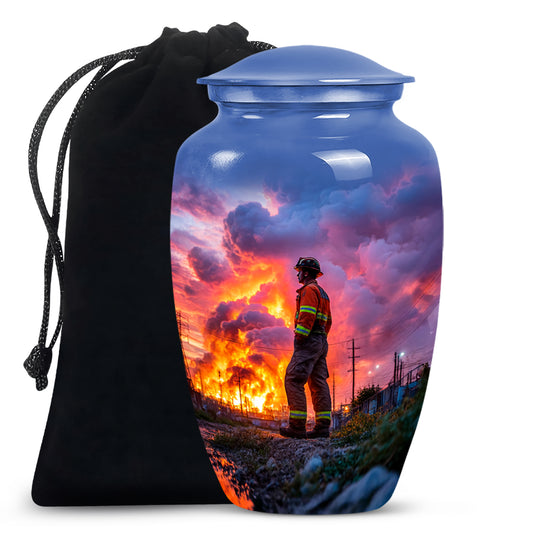 Navy Blue Firefighter Cremation Urn angled view of lid and engraved motif - timeless firefighter motif etched into premium metal - full-size 10 inch 200 cubic inch adult cremation urn