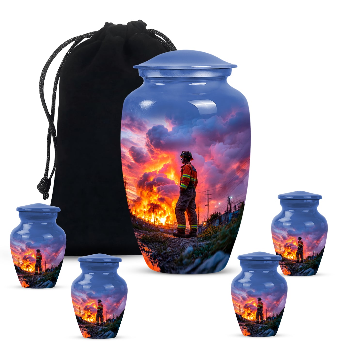 Dusty Blue Firefighter Cremation Urn top-down view of secure threaded lid - classic sculpted firefighter pattern on smooth aluminum - memorial set with one large and four small urns