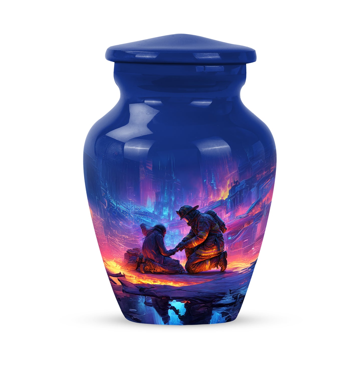 Ethereal Firefighter Memorial Cremation Urns - Blue 10-inch, 200 cu in - Yatskia