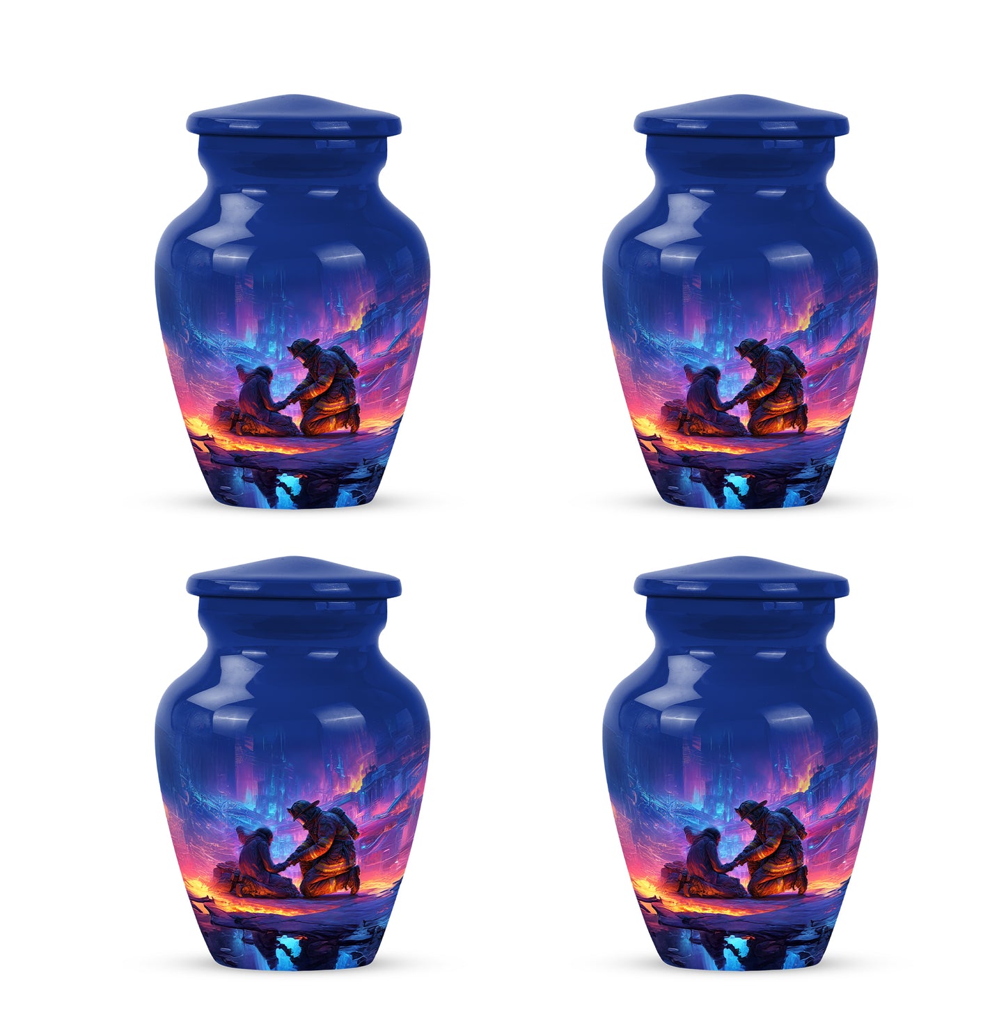Royal Blue Firefighter Cremation Urn side profile showing urn shape - traditional firefighter engraving with hand-polished finish - 10 inch aluminum urn for cremated remains