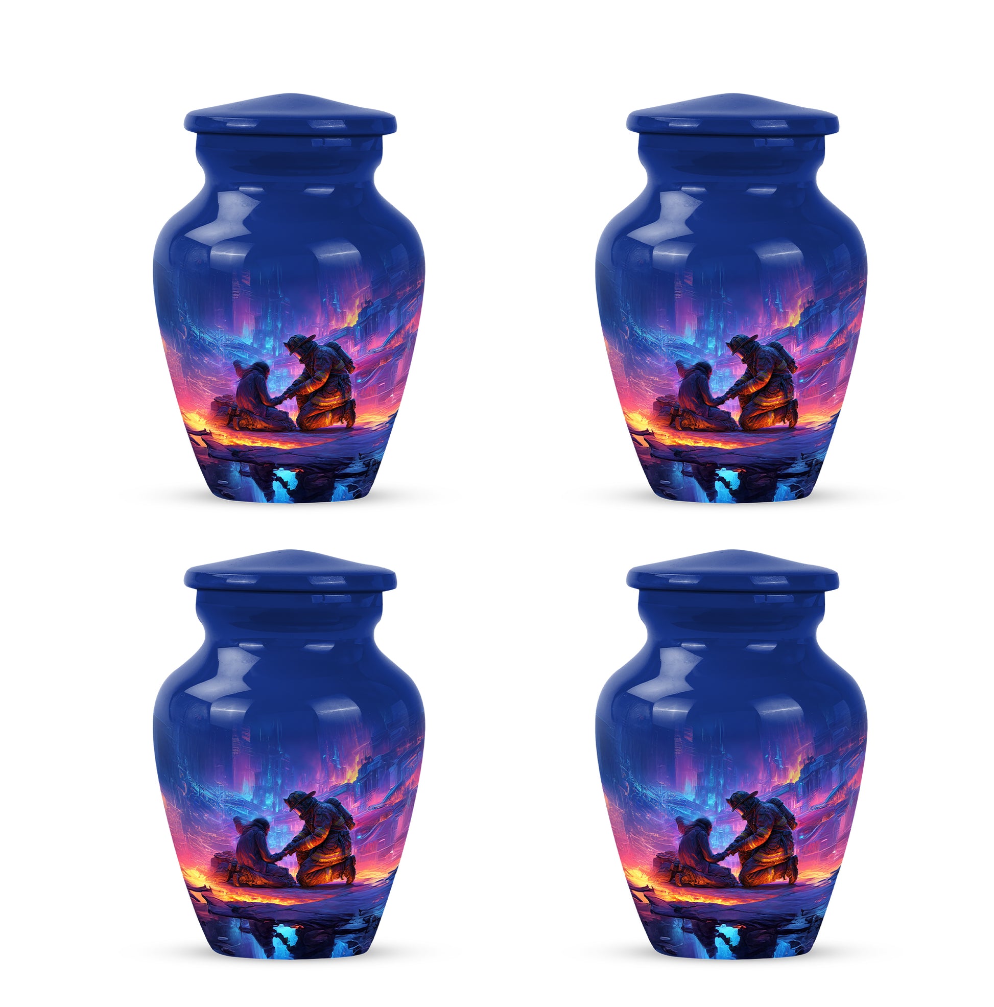Royal Blue Firefighter Cremation Urn side profile showing urn shape - traditional firefighter engraving with hand-polished finish - 10 inch aluminum urn for cremated remains