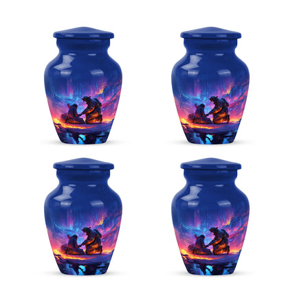 Royal Blue Firefighter Cremation Urn side profile showing urn shape - traditional firefighter engraving with hand-polished finish - 10 inch aluminum urn for cremated remains