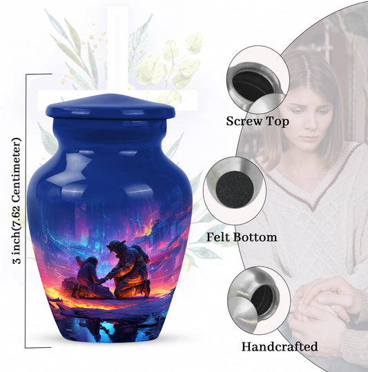 Pastel Blue Firefighter Cremation Urn close-up of engraving and surface detail - classic sculpted firefighter pattern on smooth aluminum - mini keepsake memorial for portion of cremation ashes
