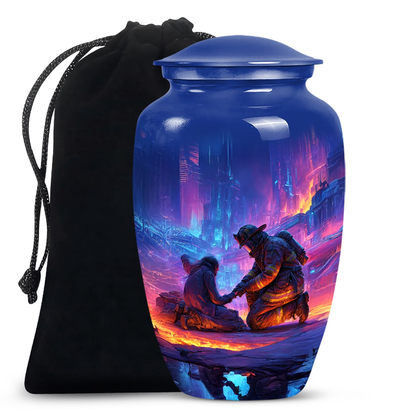 Indigo Firefighter Cremation Urn angled view of lid and engraved motif - timeless firefighter motif etched into premium metal - full-size 10 inch 200 cubic inch adult cremation urn