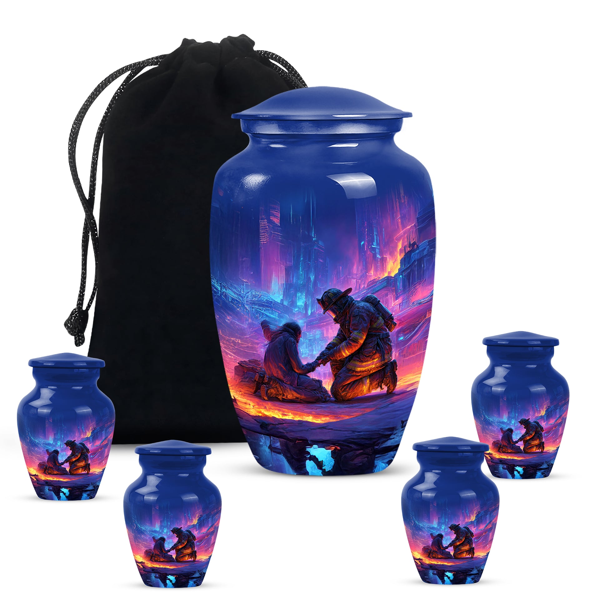 Slate Blue Firefighter Cremation Urn top-down view of secure threaded lid - classic sculpted firefighter pattern on smooth aluminum - memorial set with one large and four small urns