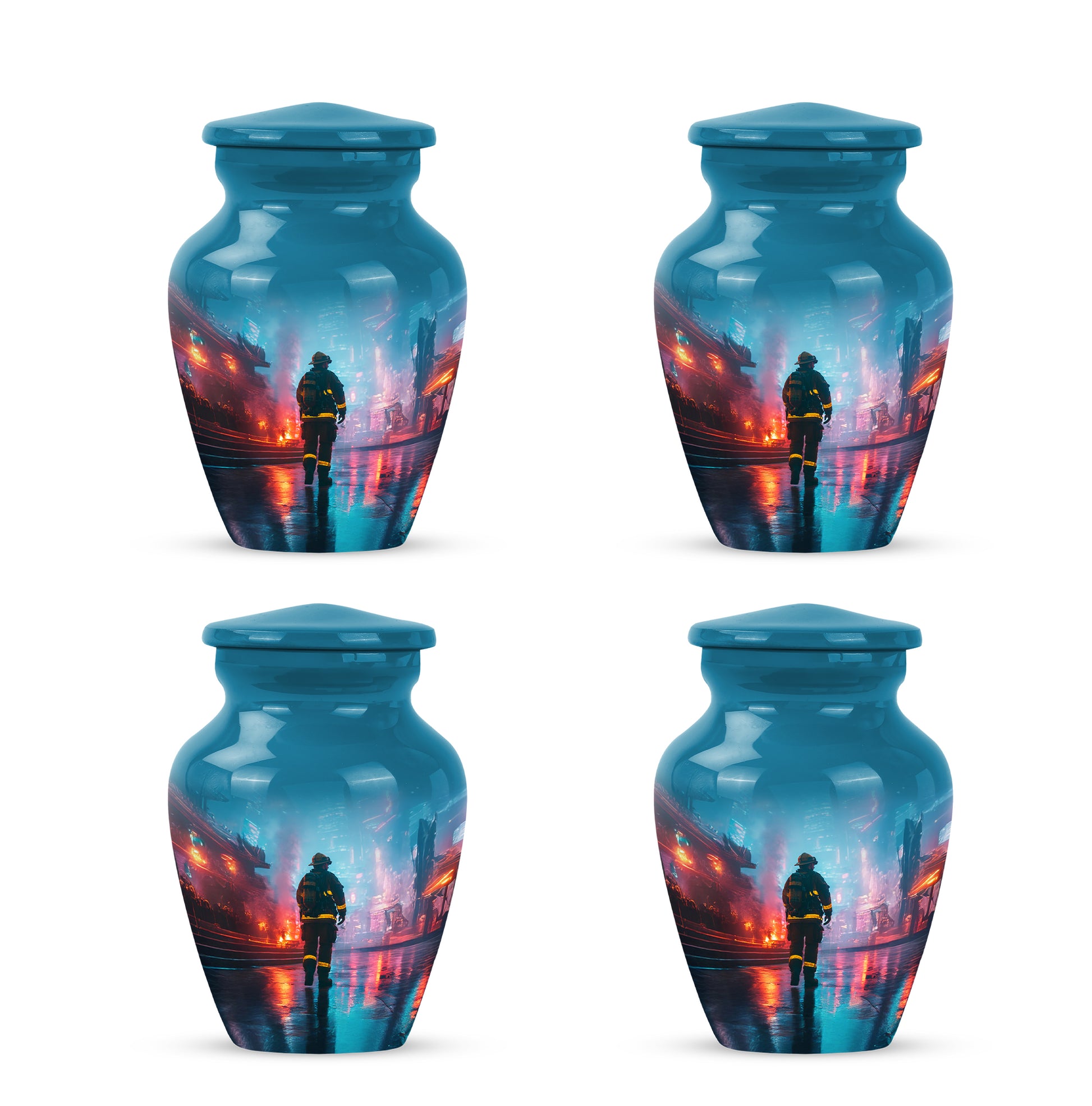Bright Blue Firefighter Cremation Urn side profile showing urn shape - elegant classic firefighter relief with fine detailing - 10 inch aluminum urn for cremated remains