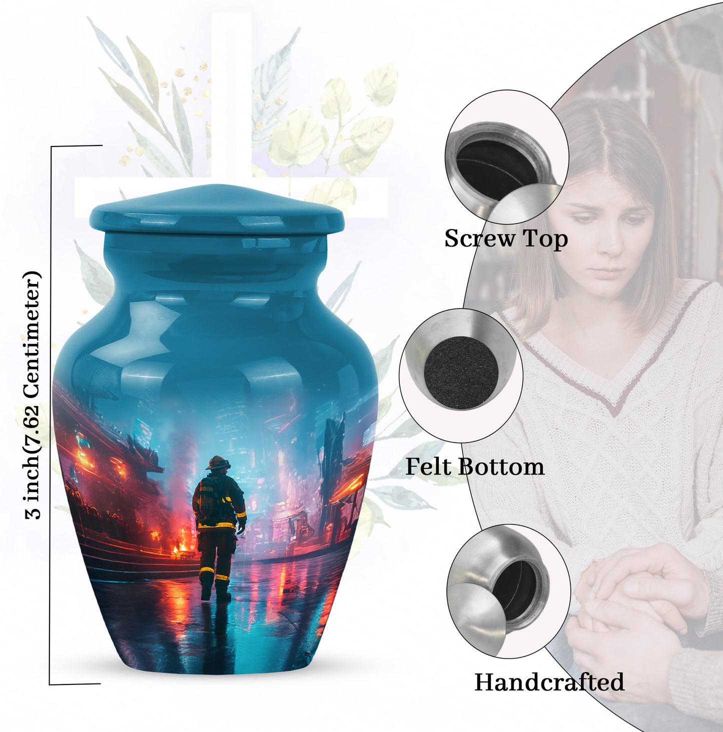 Vivid Blue Firefighter Cremation Urn close-up of engraving and surface detail - traditional firefighter engraving with hand-polished finish - mini keepsake memorial for portion of cremation ashes