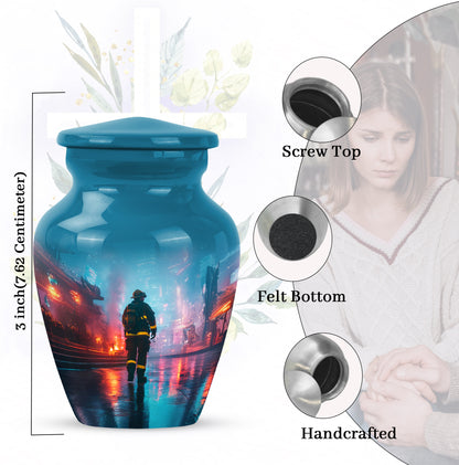 Vivid Blue Firefighter Cremation Urn close-up of engraving and surface detail - traditional firefighter engraving with hand-polished finish - mini keepsake memorial for portion of cremation ashes