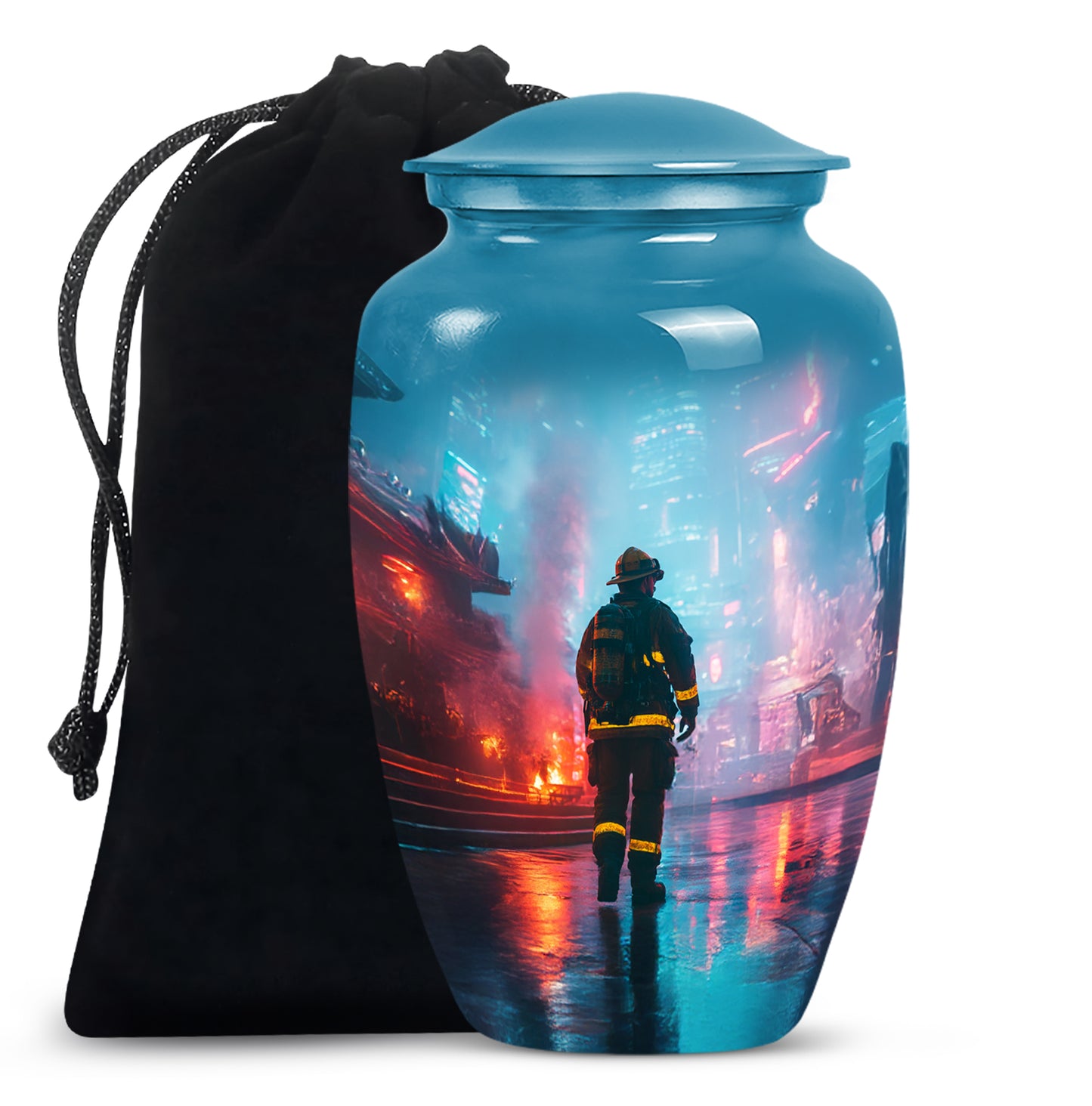Icy Blue Firefighter Cremation Urn angled view of lid and engraved motif - classic sculpted firefighter pattern on smooth aluminum - full-size 10 inch 200 cubic inch adult cremation urn