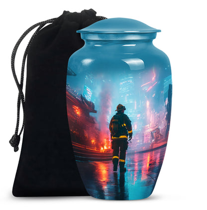 Icy Blue Firefighter Cremation Urn angled view of lid and engraved motif - classic sculpted firefighter pattern on smooth aluminum - full-size 10 inch 200 cubic inch adult cremation urn