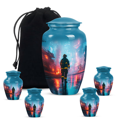 Royal Blue Firefighter Cremation Urn top-down view of secure threaded lid - elegant classic firefighter relief with fine detailing - memorial set with one large and four small urns