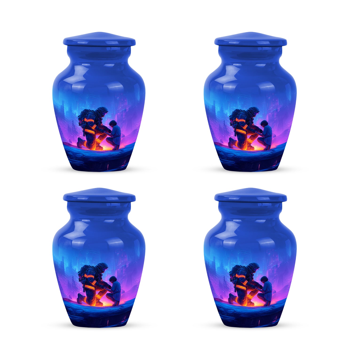 Twilight Blue Firefighter Cremation Urn side profile showing urn shape - traditional firefighter engraving with hand-polished finish - 10 inch aluminum urn for cremated remains