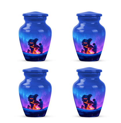 Twilight Blue Firefighter Cremation Urn side profile showing urn shape - traditional firefighter engraving with hand-polished finish - 10 inch aluminum urn for cremated remains